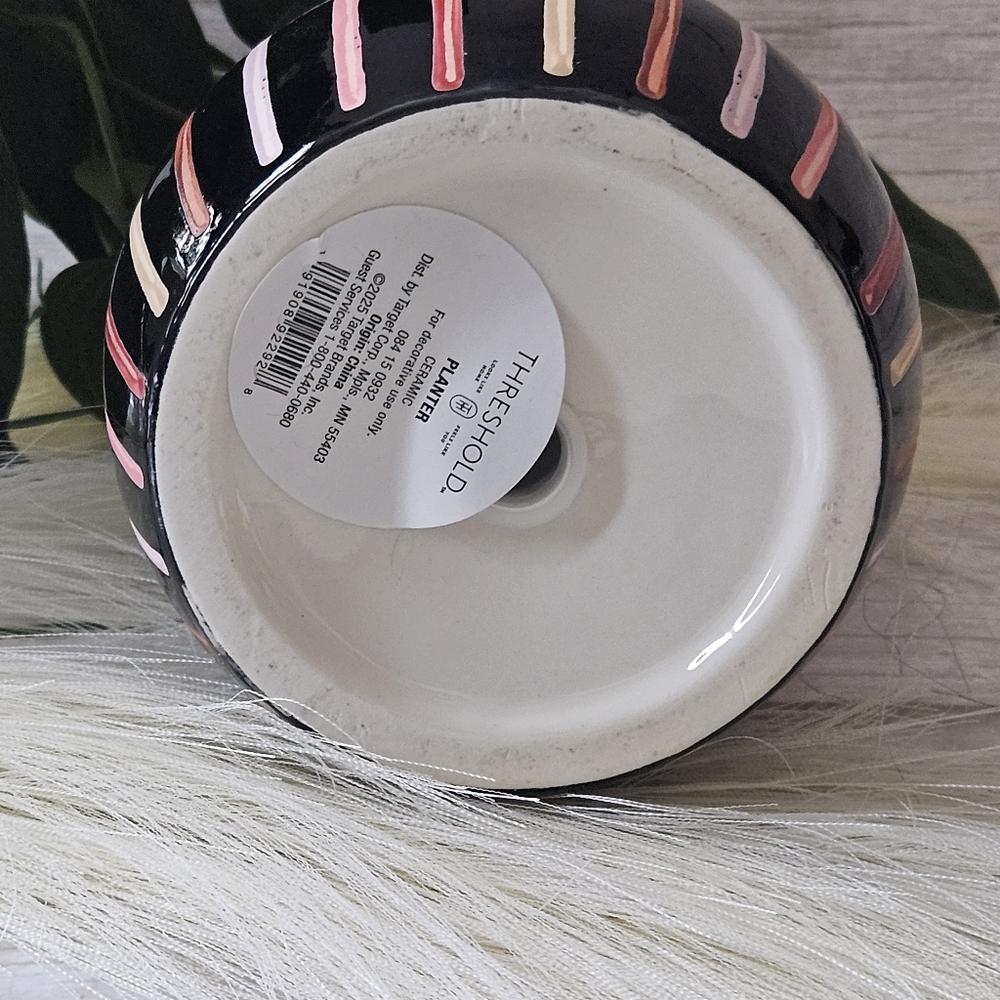 black cat art deco ceramic planter with pink and white accents stripes with cat - Picture 6 of 10